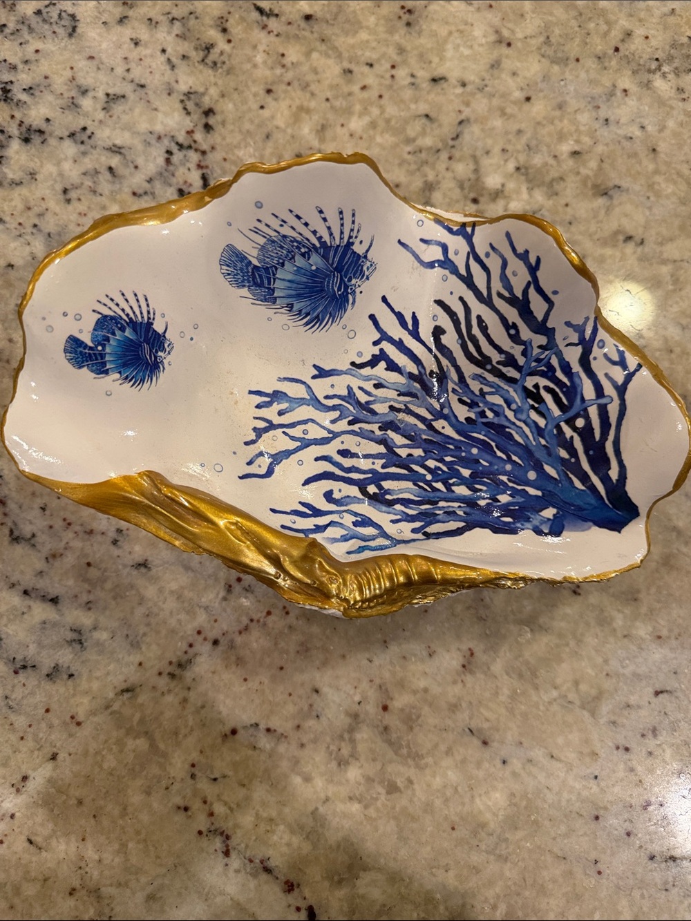 Blue Coral & Fish Decorative Faux Shell Bowl - Gold Trim 9 inches